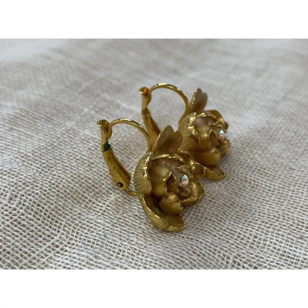 Joan Rivers Earrings Gold Tone Pastel Enamel Flower Dangle Drop Vintage‎ Y2K